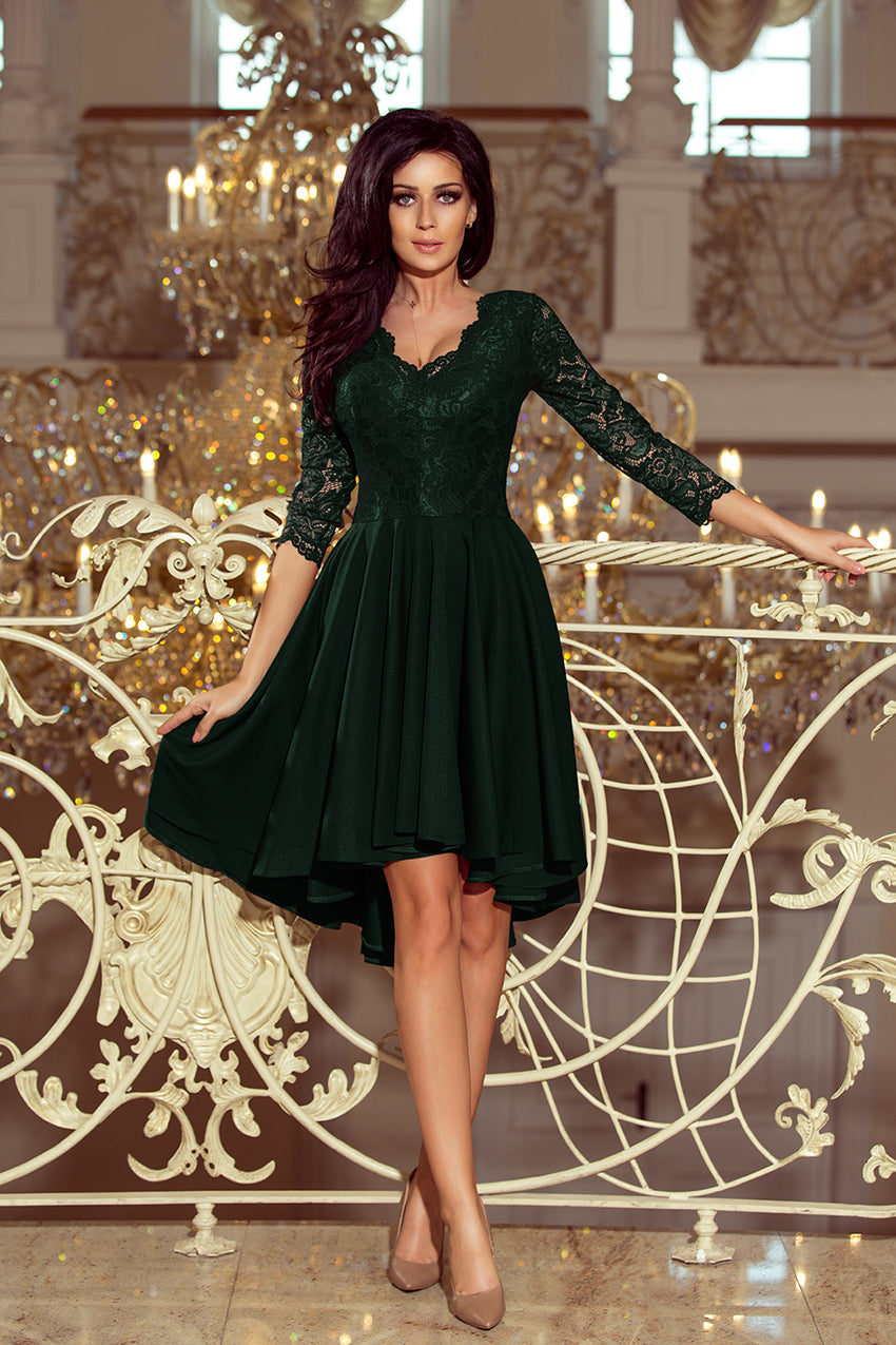 NICOLLE dress green with longer back with lace neckline / Numoco 210-3-2