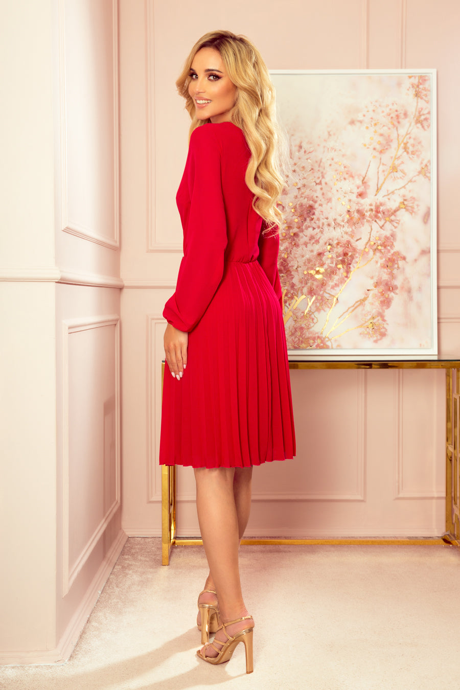 Isabella pleated dress red with neckline and long sleeve / mint Numoco 313-5-1