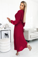 KLARA pleated dress burgundy with a belt and a neckline / Numoco Basic 414-9-2
